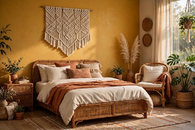 yellow walls bedroom: accent cushions and a rug
