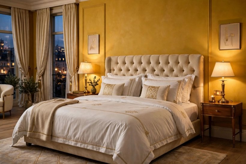 yellow walls bedroom: small cosy guest bedroom